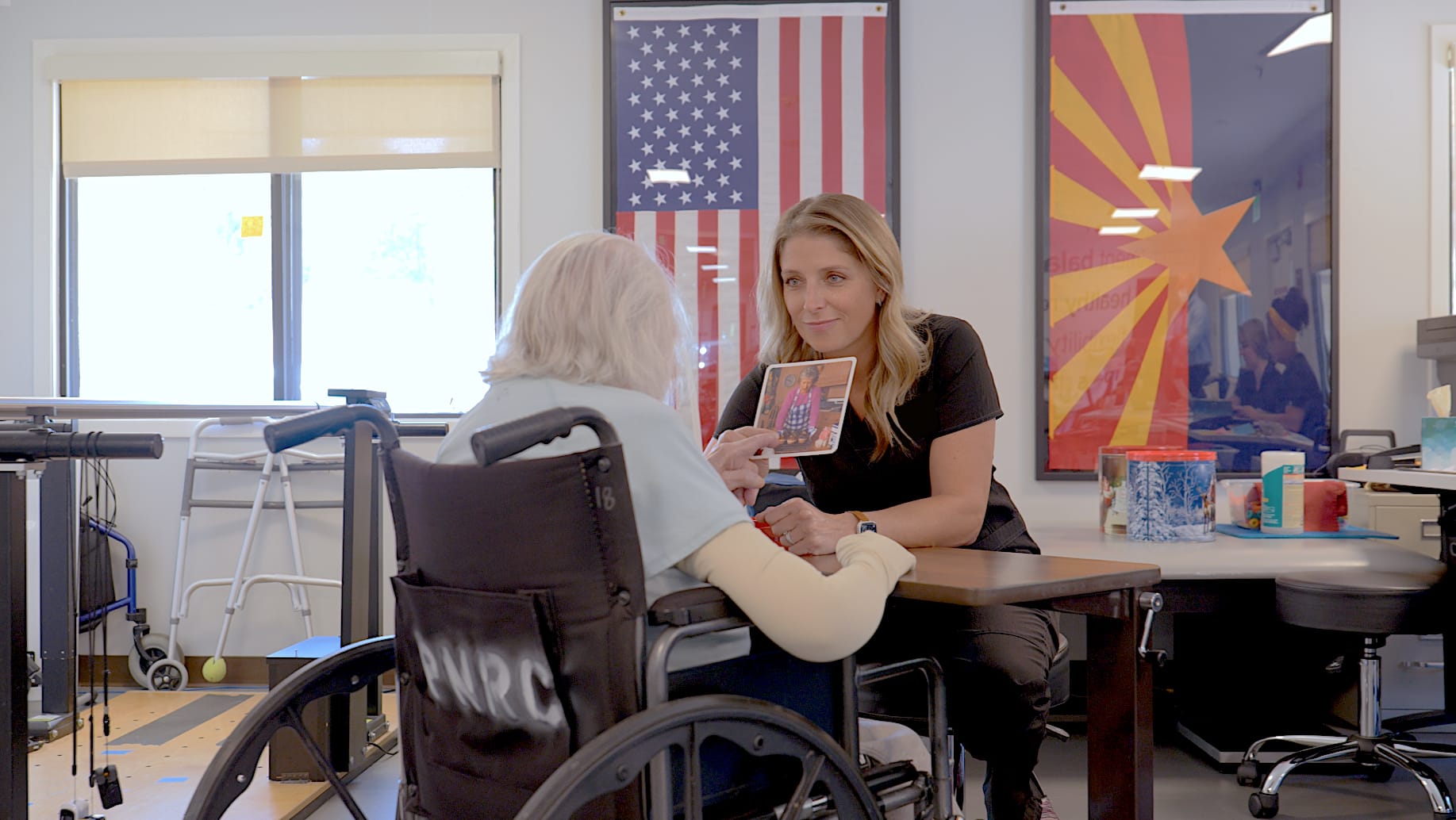 Speech Language Pathologist working with a female patient at Haven Health Prescott.