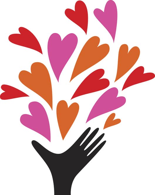 A Silhouette Of A Cartoon Hand Tossing A Handful Of Pink, Orange And Red Hearts Into The Air.