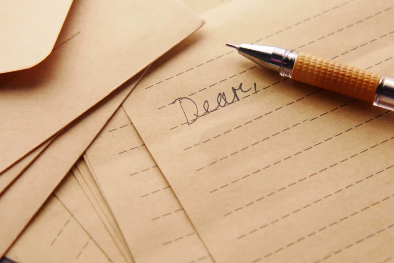 Lined pieces of paper layered over one another, with the top sheet having the word "Dear," written on it in cursive. There's a pen tip angled next to the word.