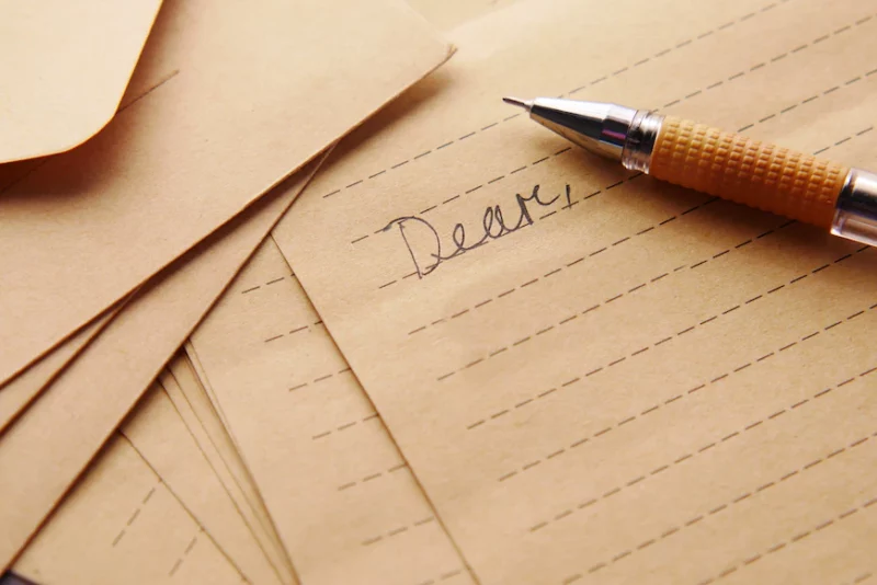 Lined Pieces Of Paper Layered Over One Another, With The Top Sheet Having The Word &Quot;Dear,&Quot; Written On It In Cursive. There'S A Pen Tip Angled Next To The Word.