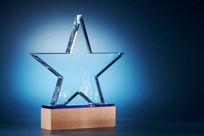 A glass award in the shape of a star on a wooden block.