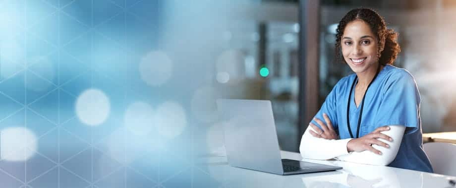 A Graphic That Is Half Blue, And The Other Half Is Of A Smiling Nurse Sitting With Her Open Laptop.