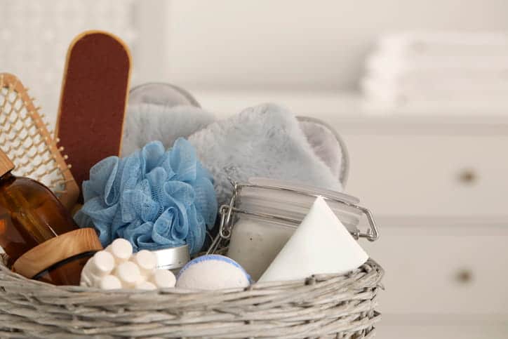 A Showed Caddy Filled With Different Personal Items.