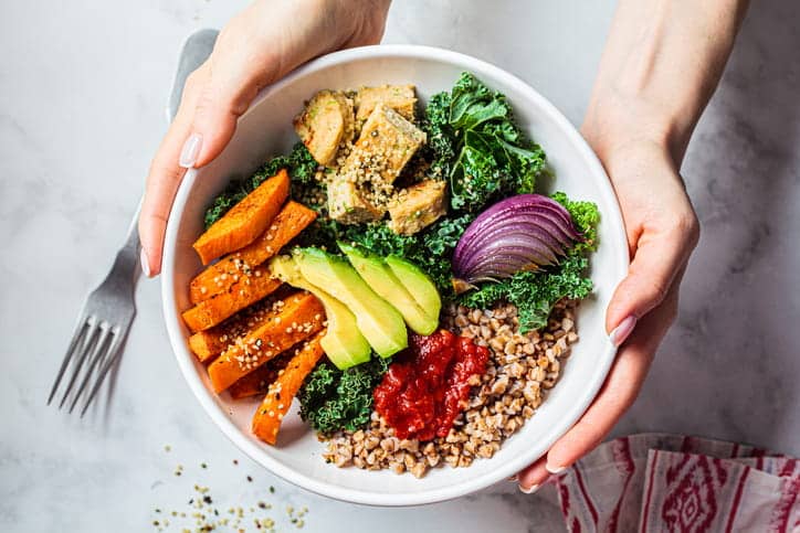 A Person Holds A White Buddha Bowl Filled With A Colorful Vegan Meal, Including Kale, Roasted Sweet Potato, Tofu, Sliced Avocado, And Grains, Viewed From Above