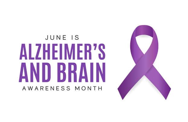 A Graphic With A Purple Ribbon That Reads: June Is Alzheimer’s And Brain Awareness Month.